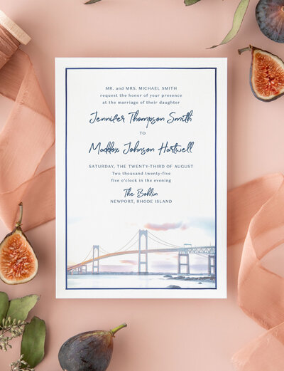 wedding invitations with watercolor of Newport Bridge