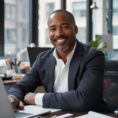 man sat at desk smiling