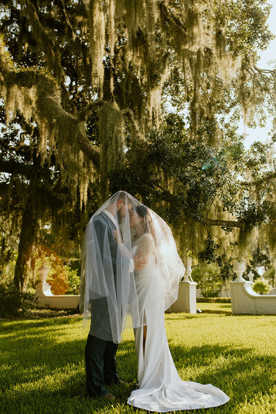 bride and groom under veil with moss tree