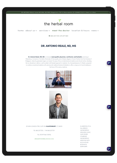 Before screenshot of the About page for The Herbal Room on an iPad, featuring the previous design with less cohesive branding and a cluttered layout before the redesign.