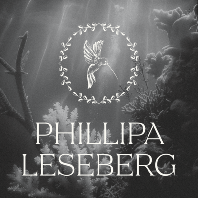 A grayscale image shows underwater plants with a circular laurel and hummingbird illustration above the text "PHILLIPA LESEBERG," showcasing Sweet Pea Ink Creative’s elegant approach to brand design.