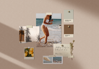 Digital moodboard inspired by beach life and the summer season. Featuring Pantone cards, photographs from the beach, and a written letter.