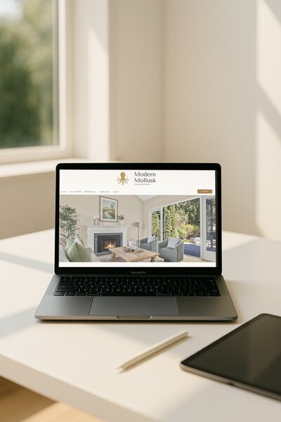 Laptop open to Modern Mollusk Home Staging website designed by The Social Stager
