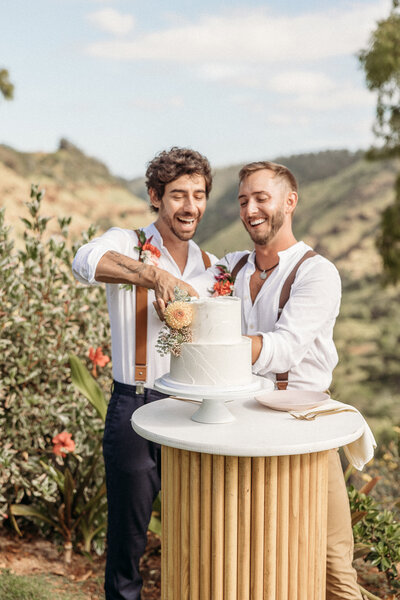 Same sex couple cutting wedding cake