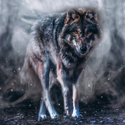 wolf surrounded by magic and smoke