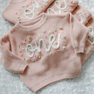 Personalized hand embroidered birthday chunky sweater