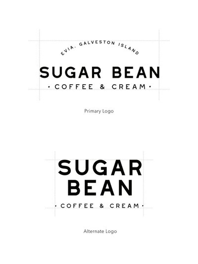 Primary and alternate logos for Sugar Bean Coffee & Cream featuring bold typography with ‘Evia, Galveston Island’ and clean, modern layout.