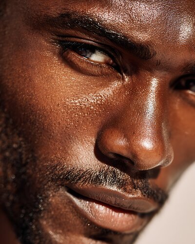 extreme close-up of Black man's face and beard, high skin texture detail, serum finish 