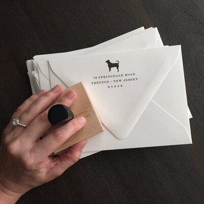 Rubber return address stamp for wedding invitation stationery