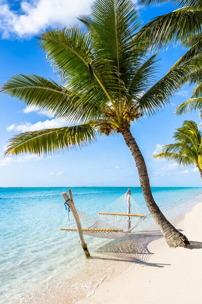 Hammock tied between palm trees on a sandy tropical beach with clear turquoise water and blue sky.