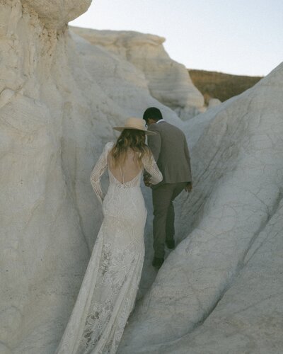 Bride and groom exploring paint mines