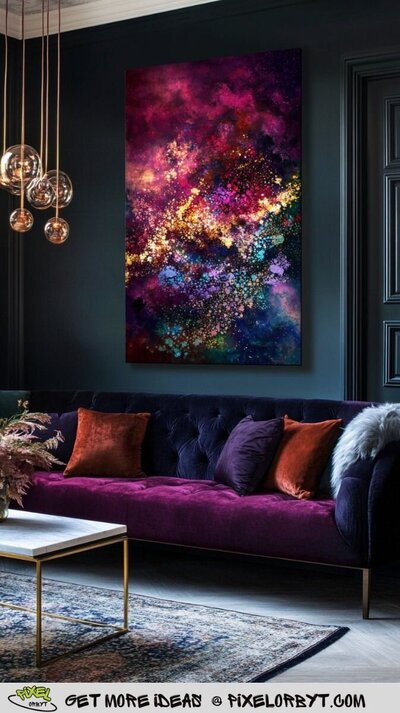 Purple couch with jewel tone pillows