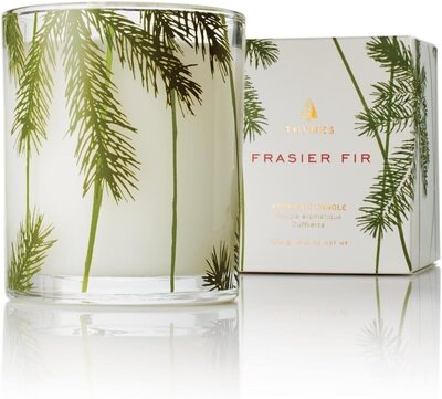 Frasier Fir pine-scented candle in white glass jar with holiday box – a Sweet Pea Ink Creative top holiday gift pick