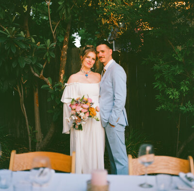 fun and quirky photograph of a bride and groom at their wedding at The Cathedral ATX captured by Texas and California documentary wedding photographer.