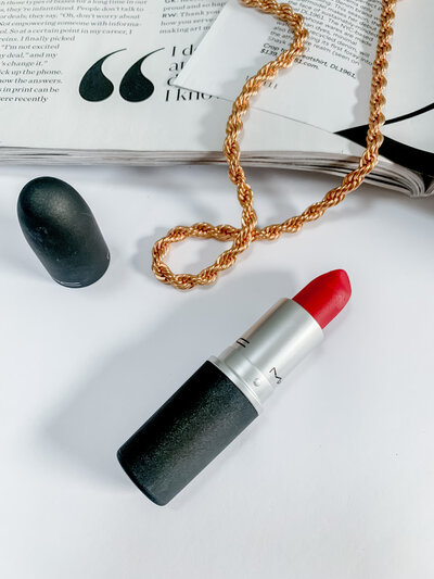 Red Lipstick with magazine and necklace styled and photo by AMALYN STYLE + SOCIAL 