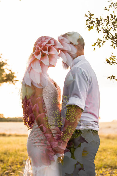 Double exposure of bride and groom with flowers showing through