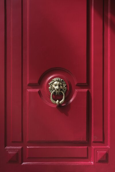 Bold red door with a lion knocker