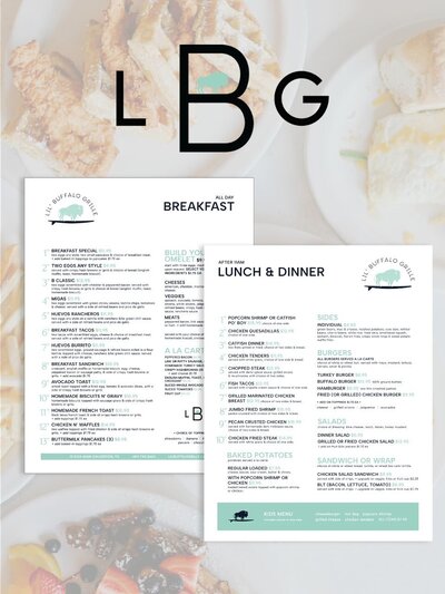 Branded breakfast and lunch & dinner menus for Lil' Buffalo Grille with clean typography, mint green accents, and the signature buffalo logo.