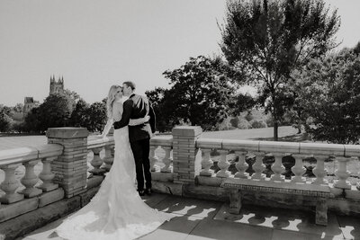 Bride looking up at groom at the Cairnwood  Estate in Philadelphia, PA
