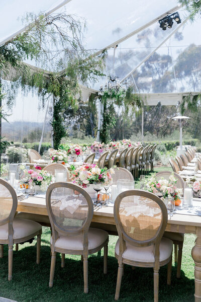 Dinner reception in Montecito for birthday under clear-top tent