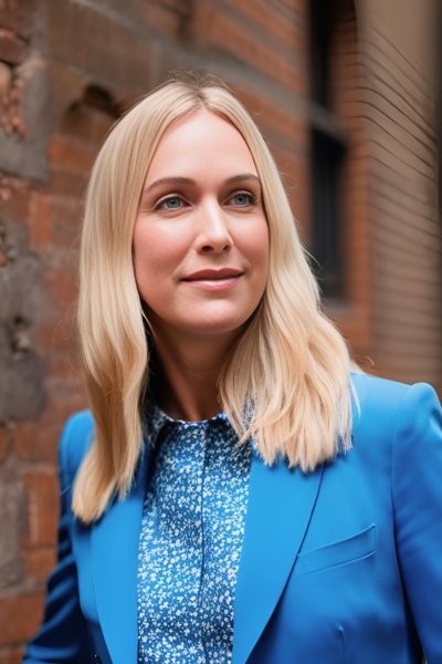 jo wood wearing blue suit and shirt outside in front of a brick wall