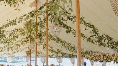 Chandelier surrounded by greenery hanging in a wedding tent