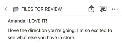 Client portal files for review feedback from Keishia @empoweredblackdoula "Amanda I LOVE it! I love the direction you're going. I'm so excited to see what else you have in store."