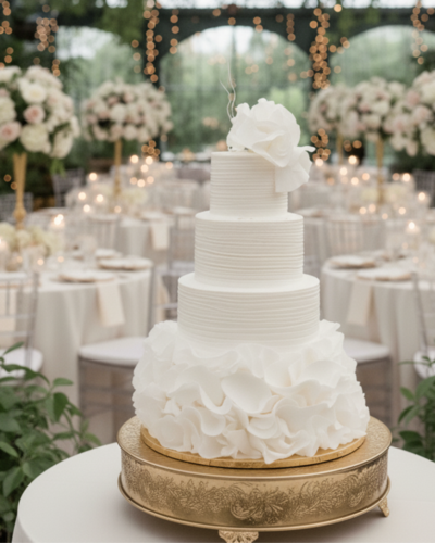 4 tier ruffled wedding cake with cascading pearls, glitter and shimmer finish