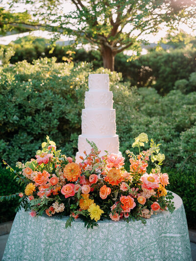 A lush and colorful meadow of flowers placed in front of a cake