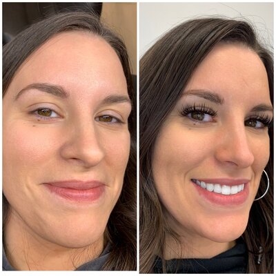 Before and after of a happy client with Lash Vibes lashes