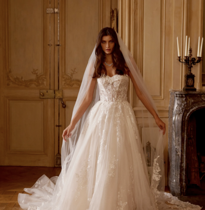 Justin Alexander stock photo of model bride wearing lace and tulle ball gown wedding dress.