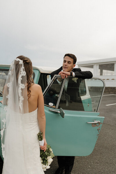 vintage car wedding photos by the beach