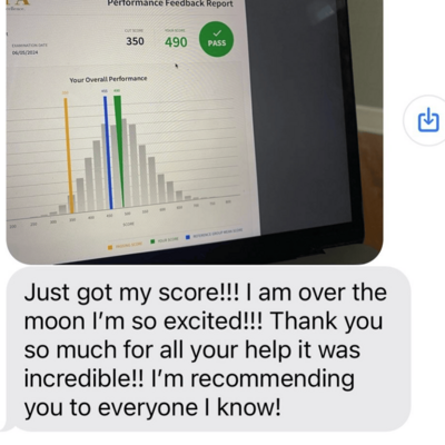 Message: "Just got my score!!!! I am over the moon… I’m recommending you to everyone I know!"
