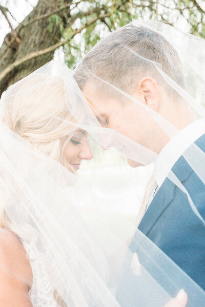 Wedding Photography, Couple resting forehead to forehead under bride's veil