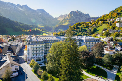 Luxury hotel exterior photography at Kempinski Palace Engelberg by Fenja, Swiss hotel photographer.