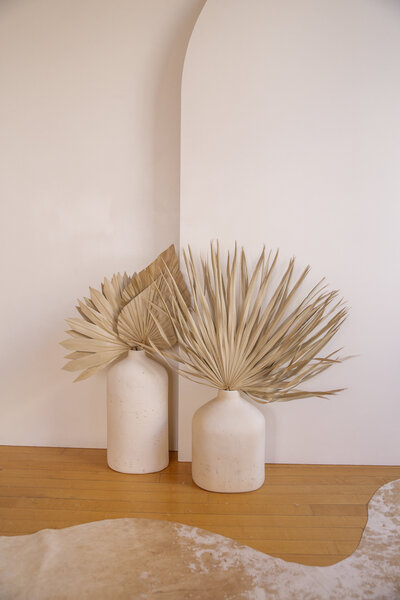Palm leaves in two stone vases side by side.