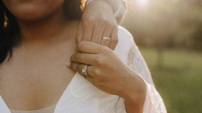 detail shot of bride and groom wedding rings