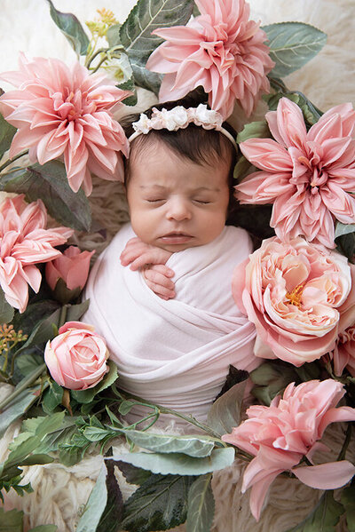 newborn baby girl wrapped in a pink wrap with pink flowers around her for her Burlington, Ontario newborn photography photo session.