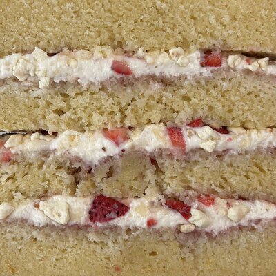 Close up of the cake and filling in our strawberry shortcake cake