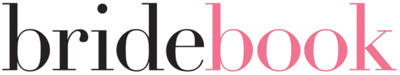 A logo that reads "bridebook" with the word "bride" in the color black and the word "book" in the color pink.