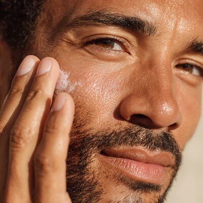 close-up of mixed-race man with beard applying face cream