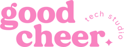 Logo with the text "good cheer" in pink lowercase letters, and small text reading "peach schnapps" in a curved layout to the right. Perfect for a showit website template for women entrepreneurs looking to add a touch of playful elegance to their brand.