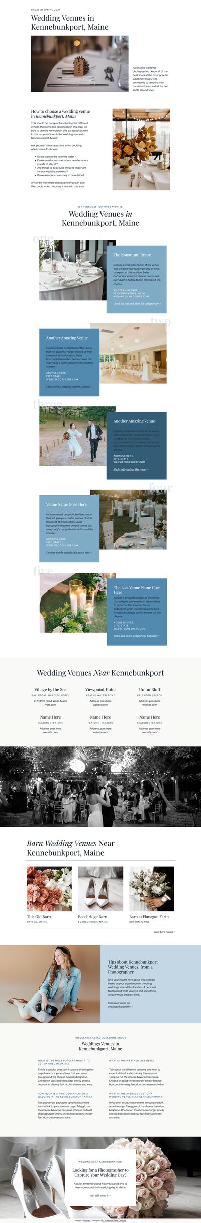 Showit template for photographers listing out venues