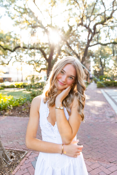 Elegant senior portraits surrounded by oak trees and Spanish moss at Forsyth Park by Ry Photography