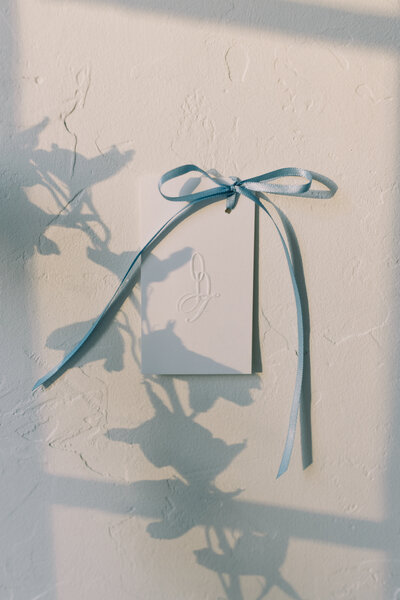 Minimalist flat lay of an embossed letterpress tag with a soft blue ribbon and floral shadows — branding product photography in Greenville SC by Dani Lacey.