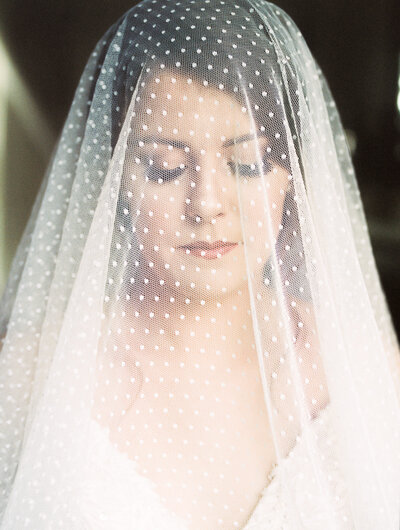 Bride closing her eyes with veil over her face