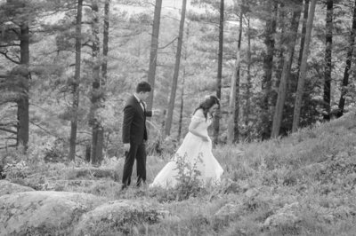 Bride and groom walk up memorial steps at their DC wedding