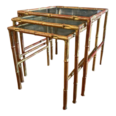 Faux bamboo metal nesting tables with glass tops curated vintage items in CT