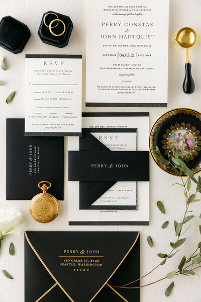 Modern black and white letterpress wedding invitation with gold accents for a spring wedding at the Palm Event Center in Pleasanton, CA.