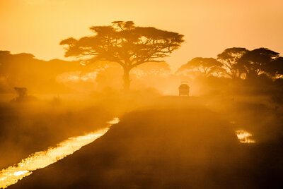 Sunset on dusty road leaving the safari